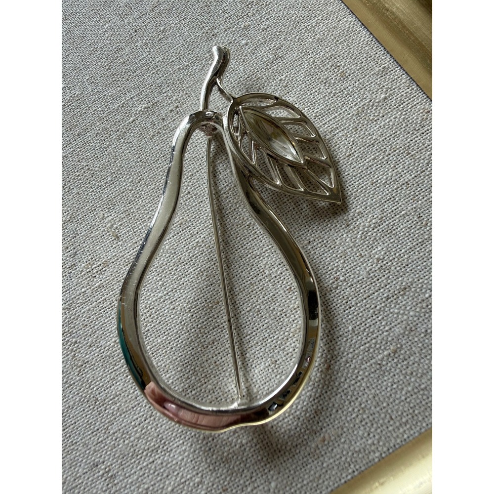 Danecraft Vintage Silver Tone 3" Pear Brooch Leaf Openwork Fruit Pin rhinestone